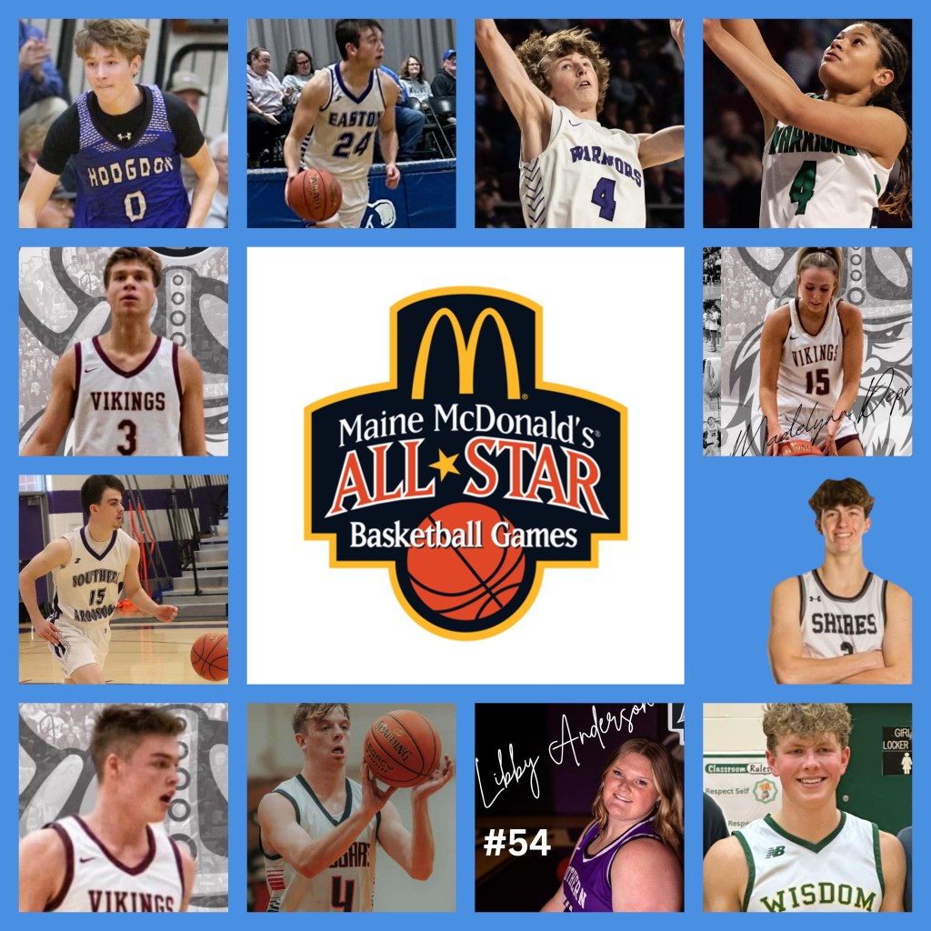 Aroostook County Players Selected to the Maine McDonalds All Star Basketball Games

Top Row: David Tuttle, Chase Flewelling, Ethan Collier Lily Oliver
2nd RowL Kayman Sargent and Madelyn Deprey
3rd row: Trafton Russell and Isaiah Ervin
Bottow Row: Tristan Robbins, Conner Edwards, Libby Anderson, Camden Pelletier*

*Pelletier of Wisdom, was originally selected, but due to a scheduling conflict, graciously stepped aside, so that another player could be honored with a selection to this team.*